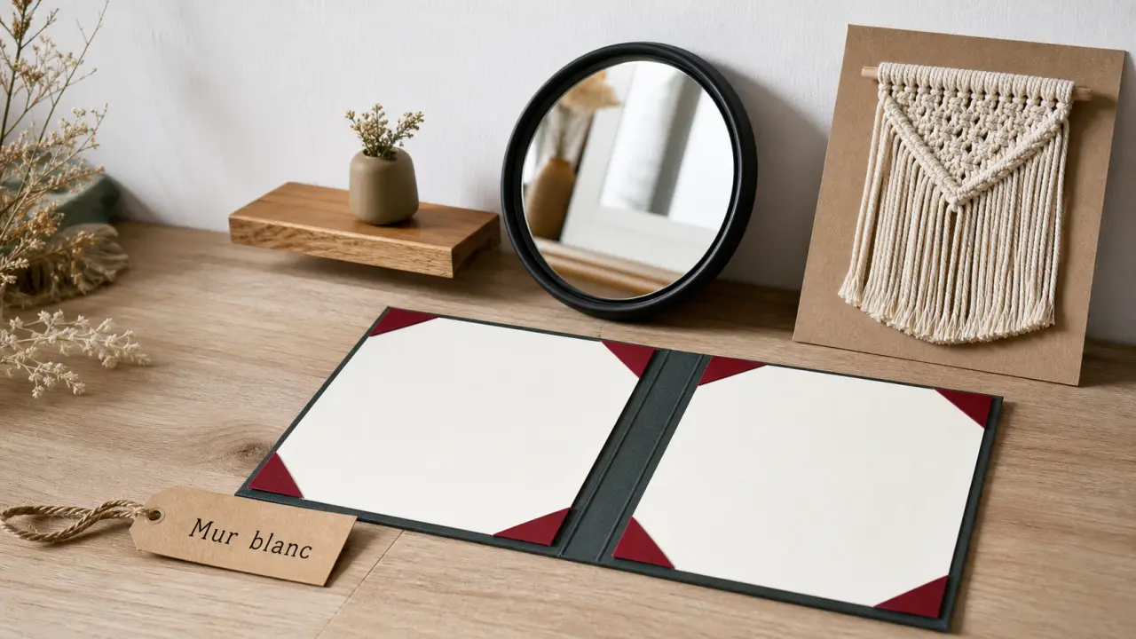 Décorer mur blanc : miroir noir, étagère chêne, macramé beige