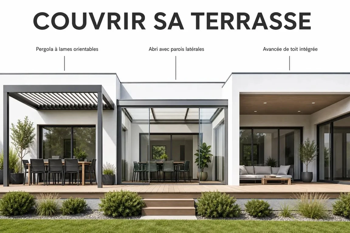 Terrasse couverte maison avec pergola, abri et avancée de toit sur une maison contemporaine