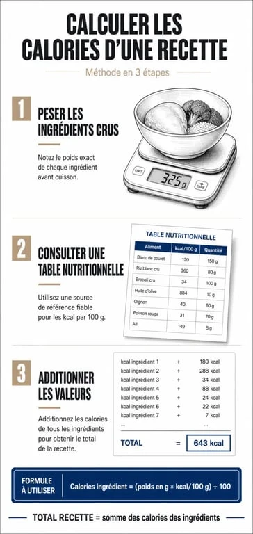Infographie expliquant la méthode pour calculer les calories d'une recette maison