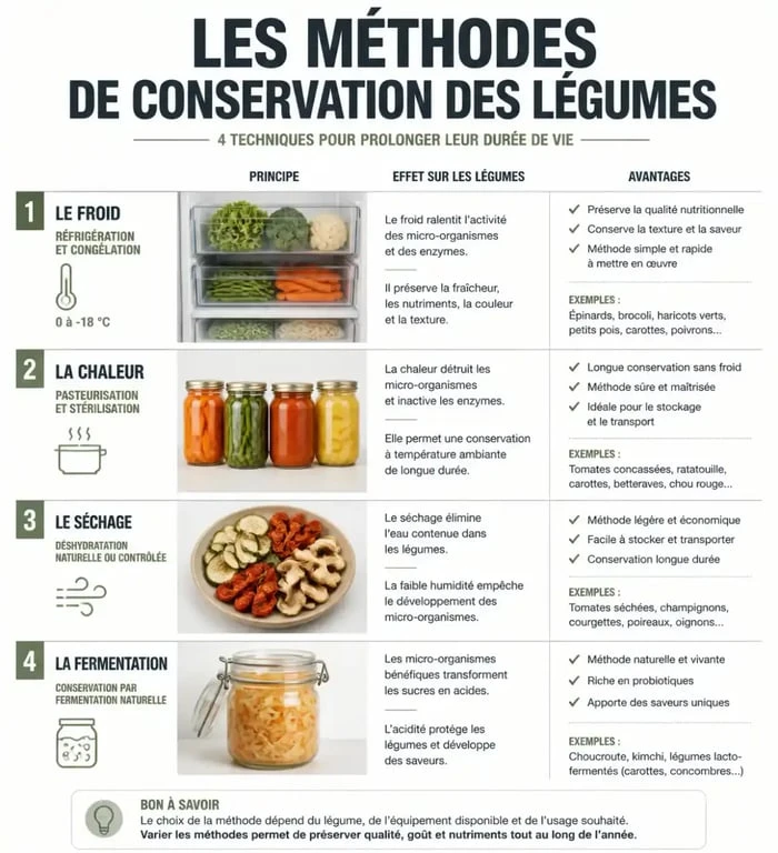 Infographie des méthodes pour récolter et conserver ses légumes du potager