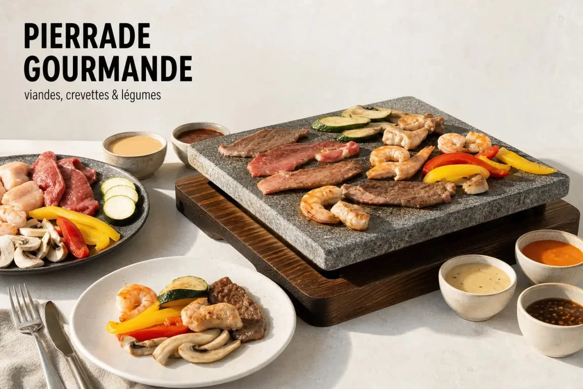 Recette pour pierrade servie à table avec viandes, crevettes, légumes et sauces
