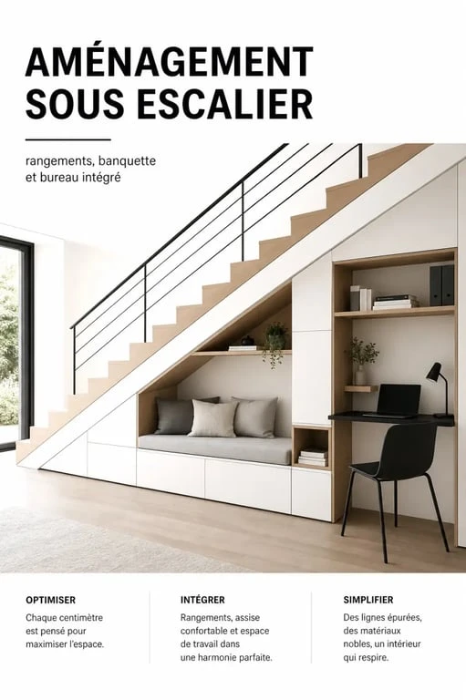 Aménagement sous escalier ouvert avec rangements bas, niche lecture et bureau discret dans un salon contemporain