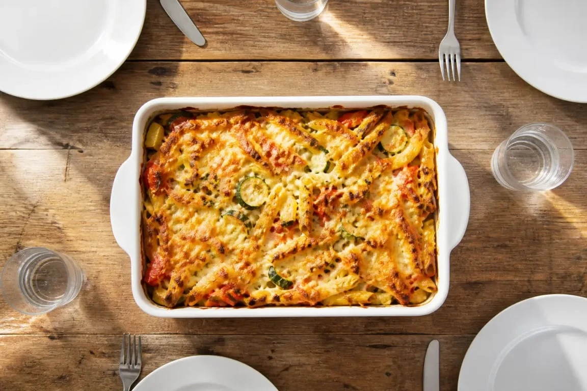 Gratin de pâtes aux légumes de saison pour un repas pas cher pour 12 personnes