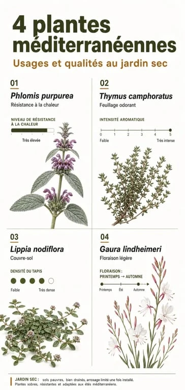 Infographie des plantes idéales pour un jardin méditerranéen sans entretien : Phlomis, Thym, Lippia et Gaura.
