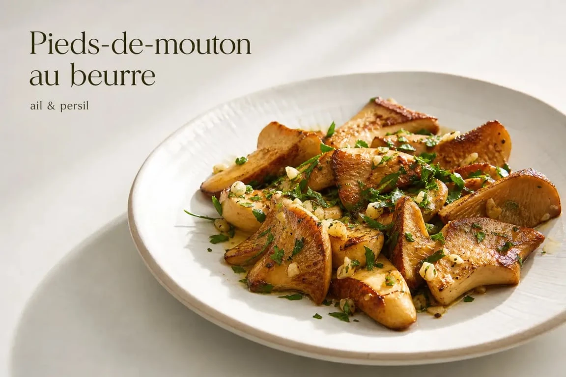 Pieds de moutons cuisson à la poêle, poêlée dorée au beurre, ail et persil sur assiette blanche