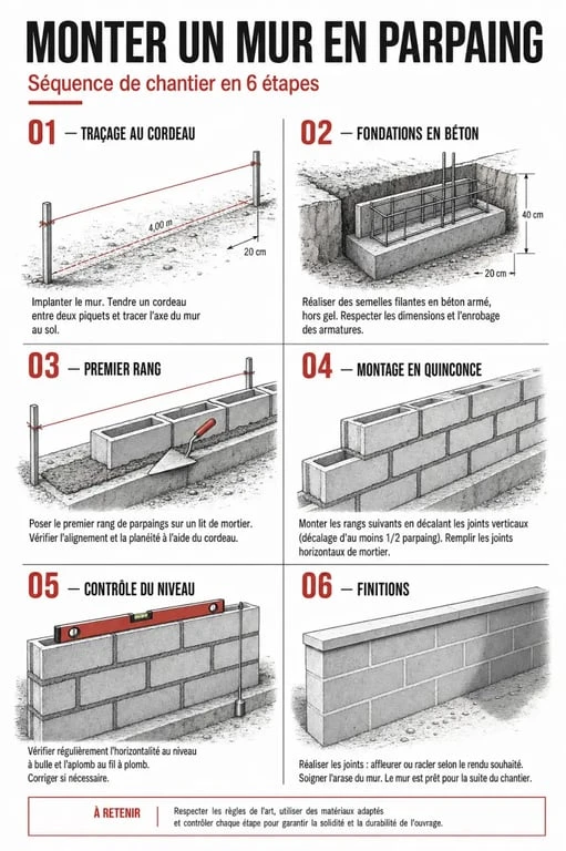 Monter un mur en parpaing : illustration des étapes de pose, du traçage aux finitions