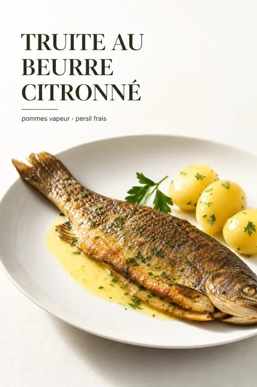 Cuisson truite poêle : truite dorée au beurre citronné dans une assiette sobre