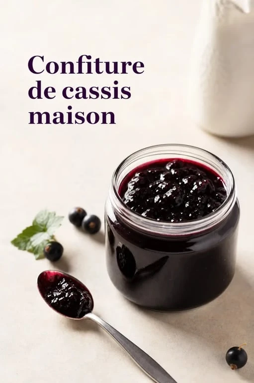 Confiture de cassis maison brillante dans un pot en verre avec des baies fraîches