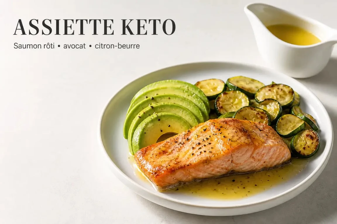 Recette keto de saumon rôti avec courgettes et avocat sur assiette dressée