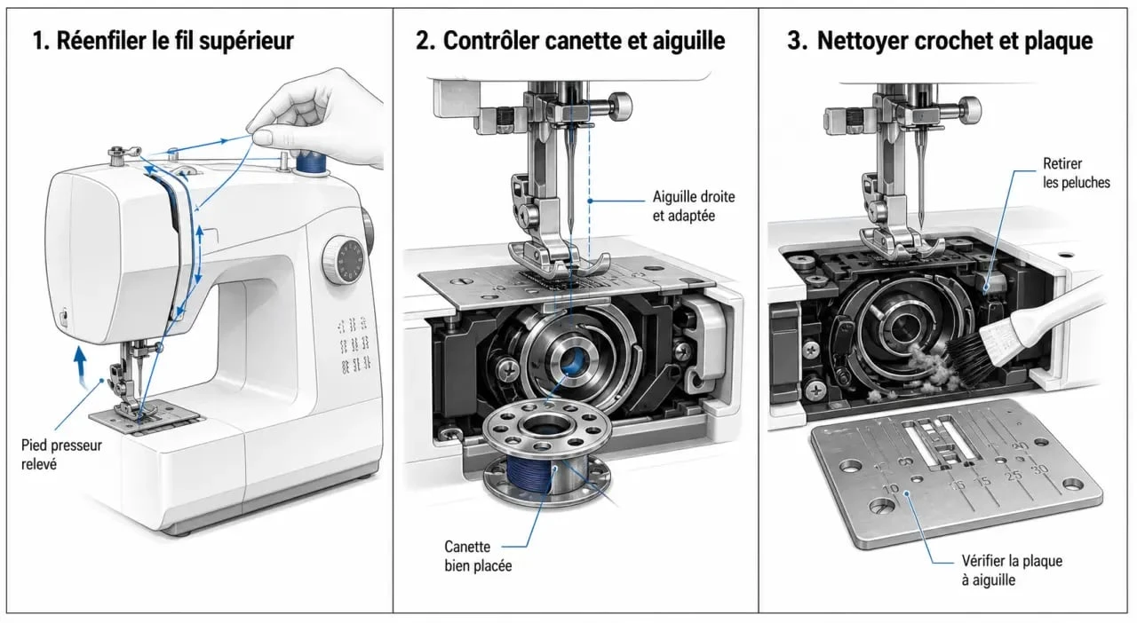 Problème machine à coudre ne coud pas : étapes de dépannage visuelles
