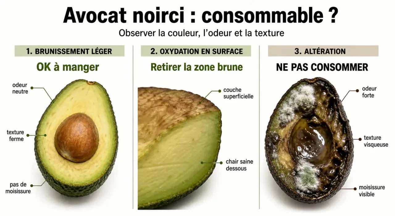 Avocat noirci comestible : visuel comparatif entre oxydation superficielle et avocat abîmé à jeter