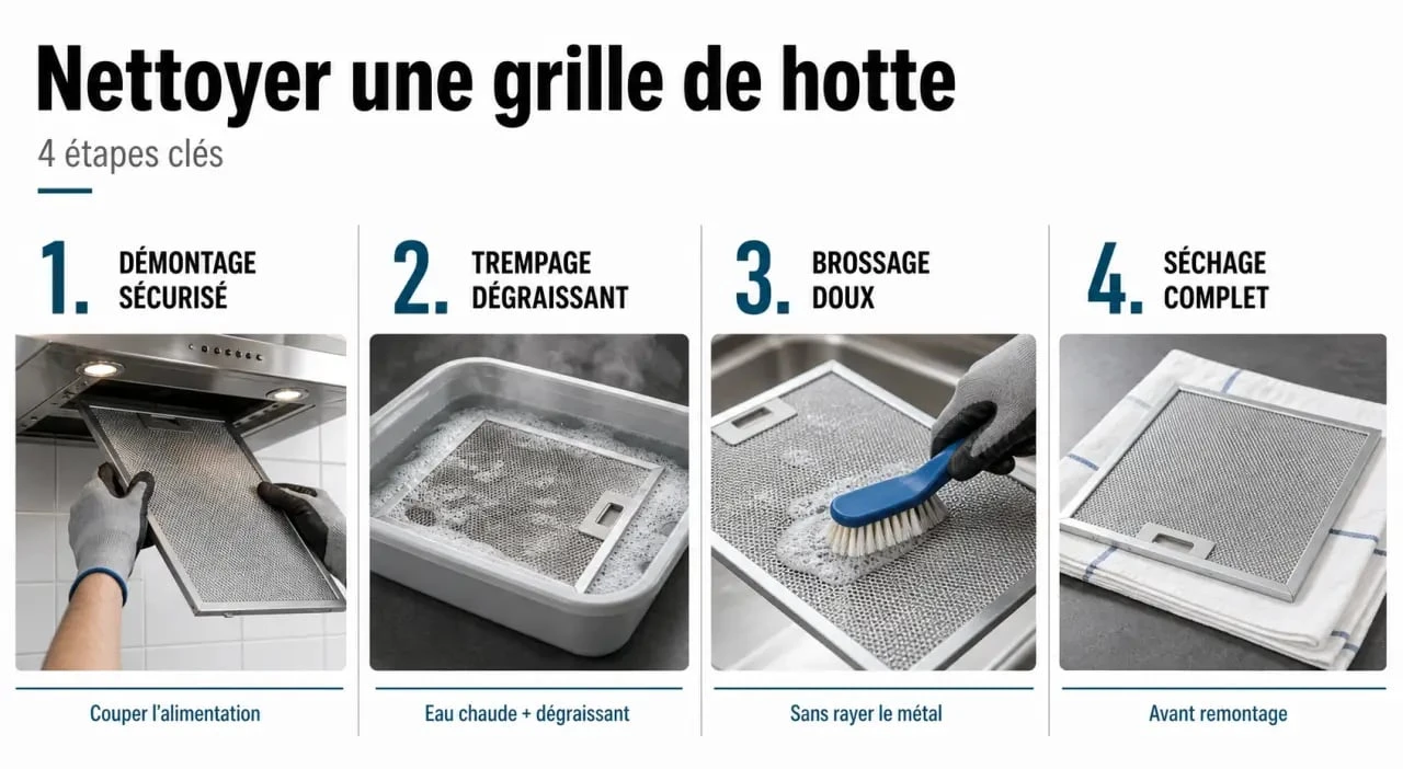 Infographie des étapes de nettoyage d'une grille de hotte de cuisine