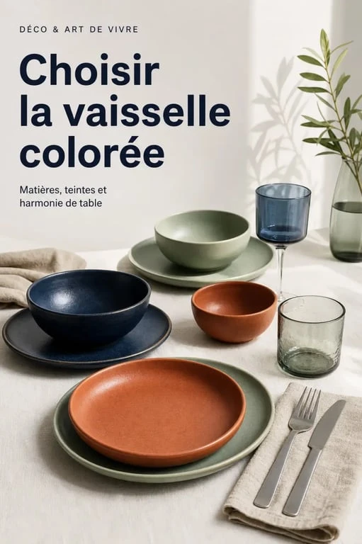 Vaisselle colorée sur une table dressée dans des tons terracotta, bleu nuit et vert sauge
