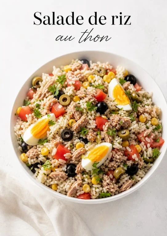 Recette salade de riz au thon servie fraîche avec œufs, tomates, maïs et olives