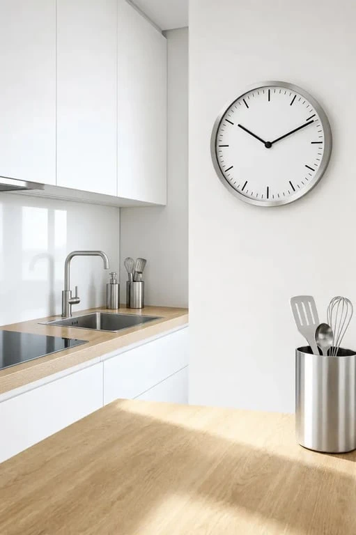 Pendule pour cuisine murale lisible dans une cuisine contemporaine lumineuse