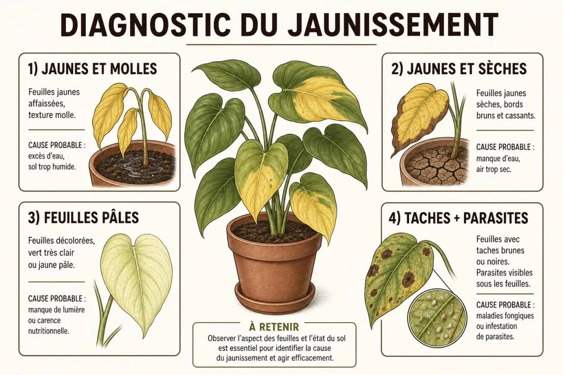 Quand les feuilles jaunissent : diagnostic visuel des causes les plus fréquentes sur une plante d’intérieur