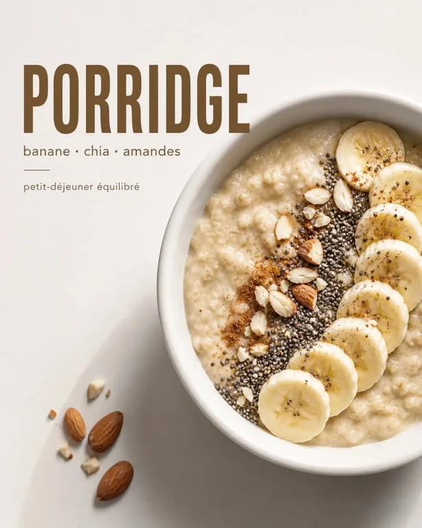 Recette petit dej équilibré de porridge banane, chia et amandes en bol gourmand