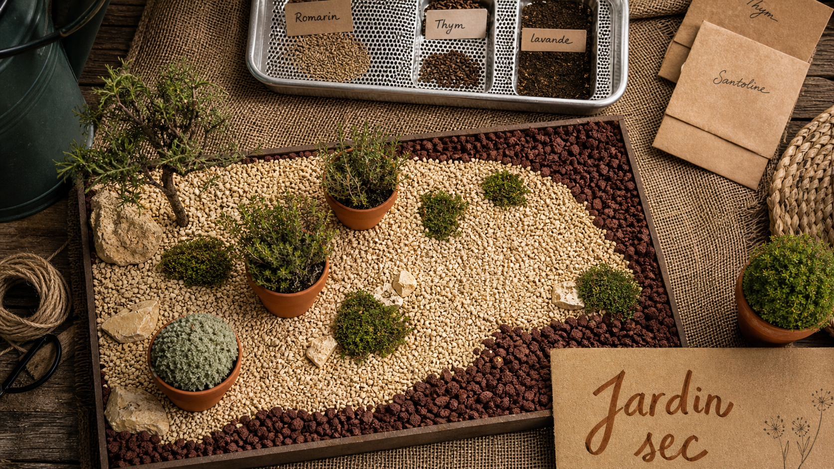 Jardin méditerranéen sans entretien, décor sec : graviers, thym et santoline