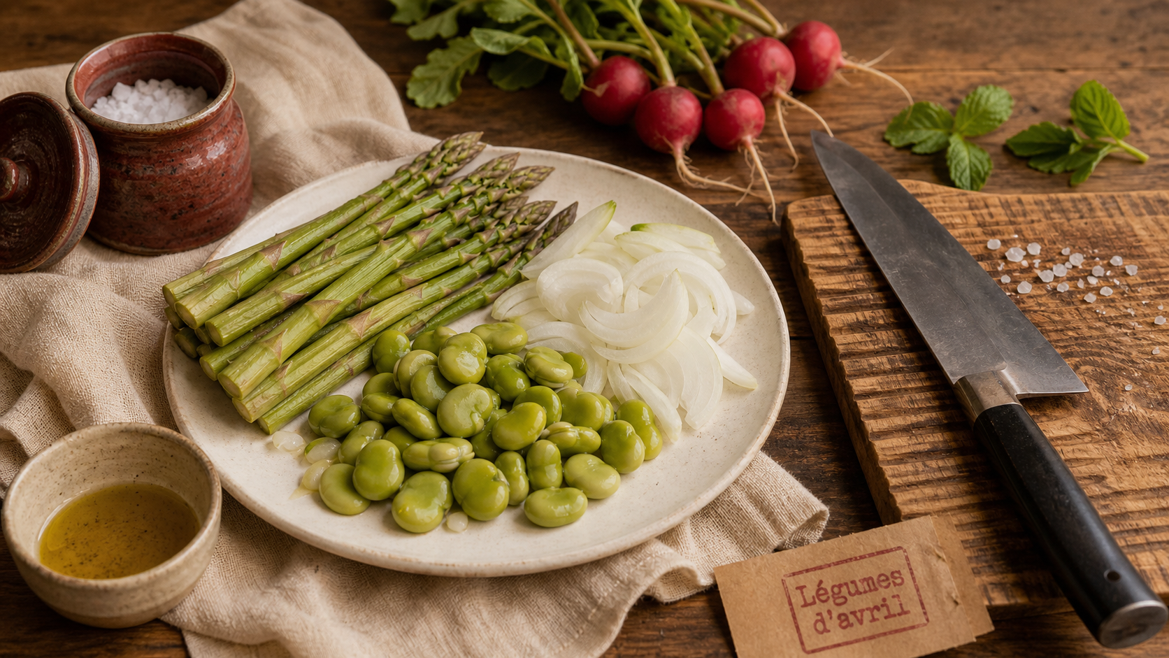 Legume avril : asperges vertes, radis et fèves primeurs sur table en bois