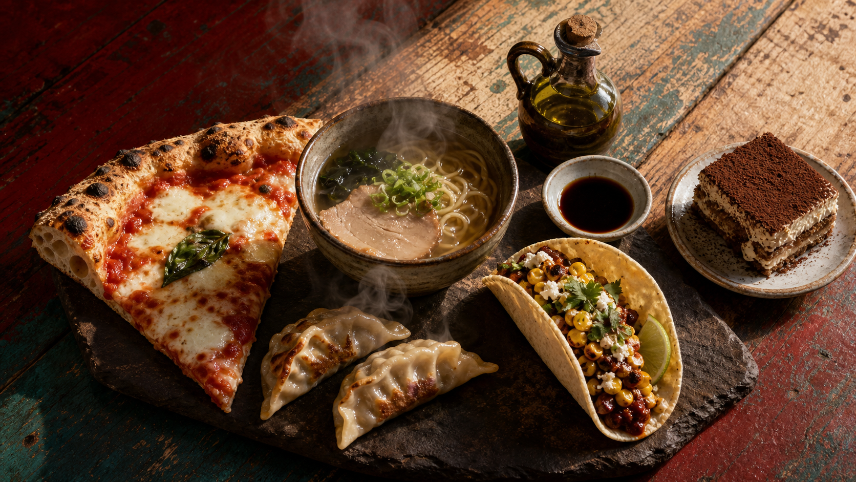 Les 5 grandes cuisines du monde (Italie, France, Chine, Japon, Mexique) : pizza, ramen, gyozas, taco, tiramisu