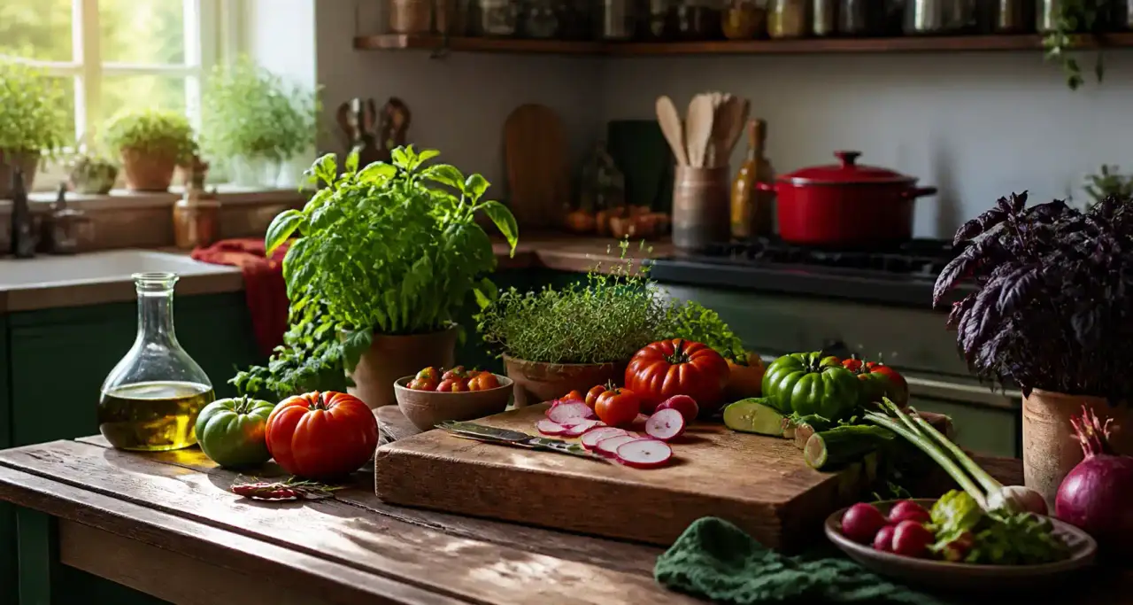 Cuisine familiale avec légumes de saison et planche à découper en bois