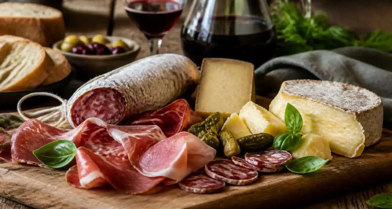 Plateau de charcuterie et produits du terroir dressé sur planche en bois