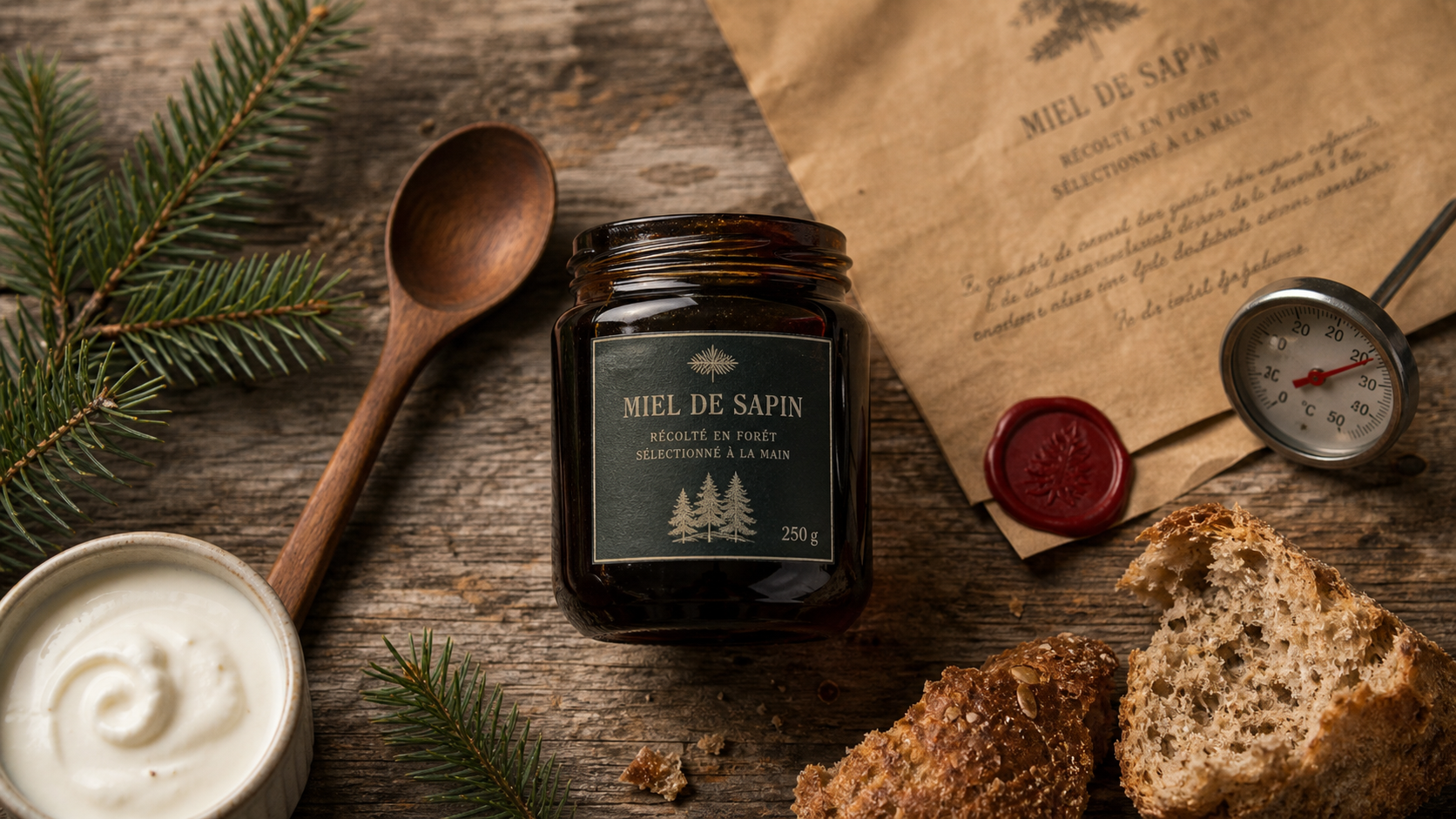 Miel de sapin bienfaits : pot de miel sombre sur table en bois