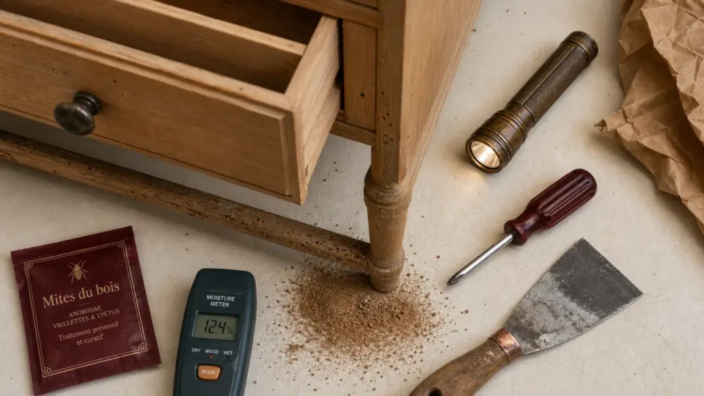 Mites du bois dans un meuble en bois : trous et sciure, galeries visible