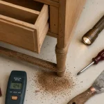 Mites du bois dans un meuble en bois : trous et sciure, galeries visible