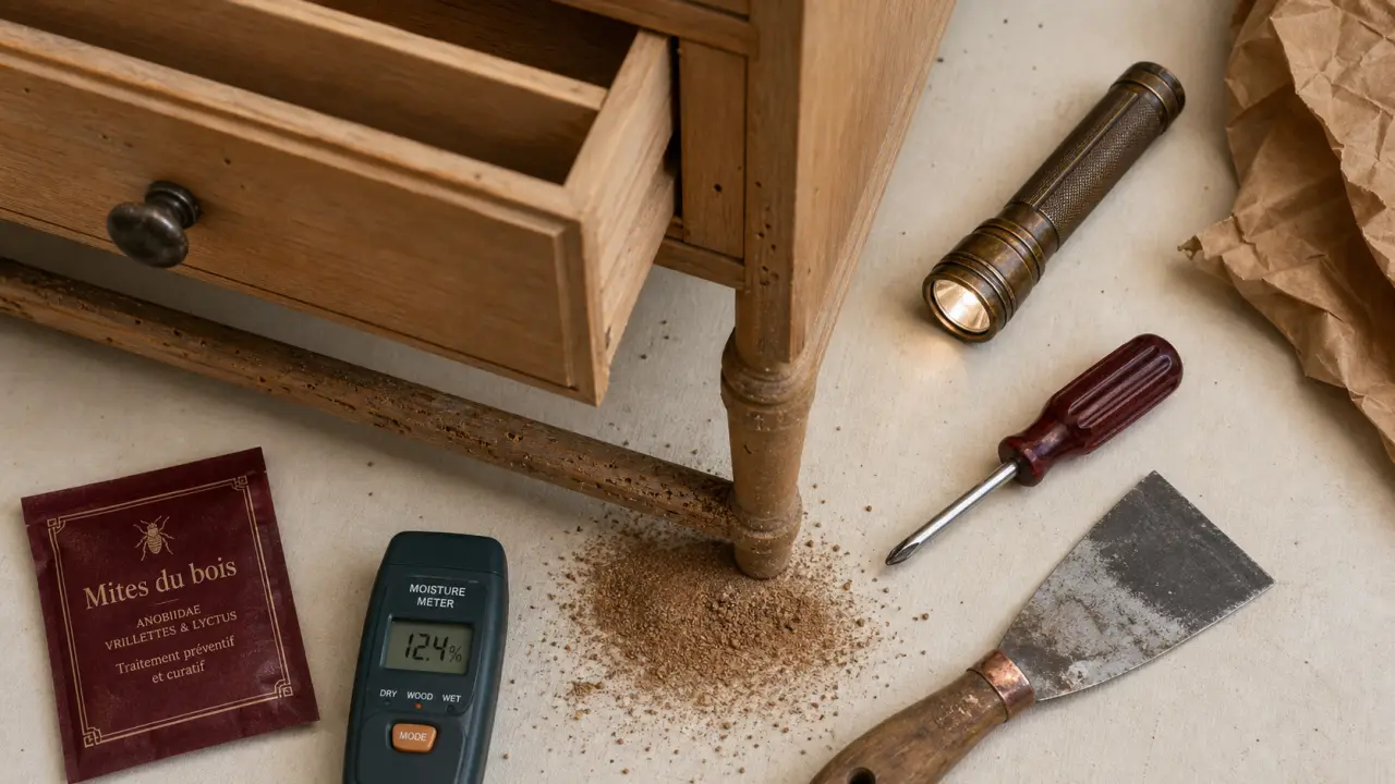 Mites du bois dans un meuble en bois : trous et sciure, galeries visible