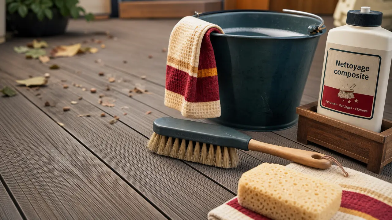 Nettoyer terrasse en composite : eau savonneuse et brosse douce pour nettoyer sans abîmer