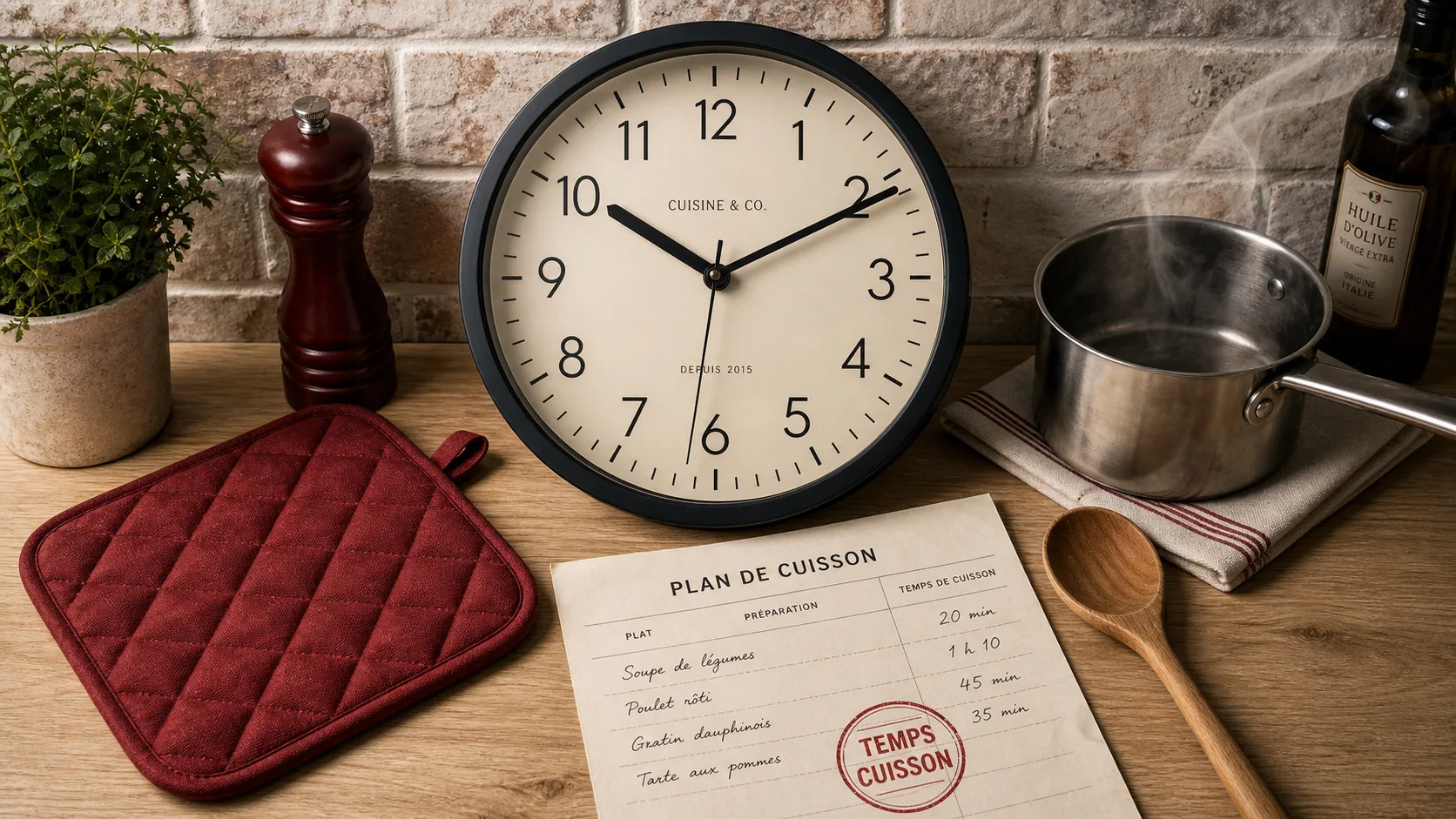 Pendule pour cuisine : cadran lisible et résistant à la graisse, ambiance cuisson