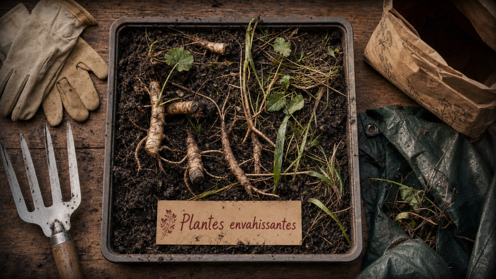 Plantes envahissantes jardin : rhizomes et racines à contrôler