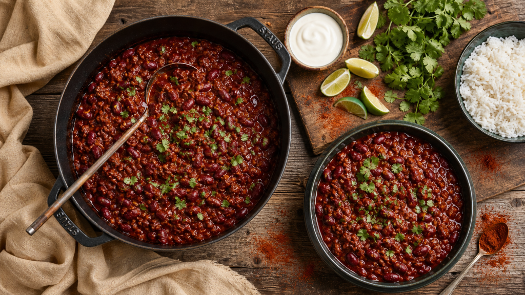 Plat unique pour 12 personnes : chili con carne généreux, réchauffable, cocotte