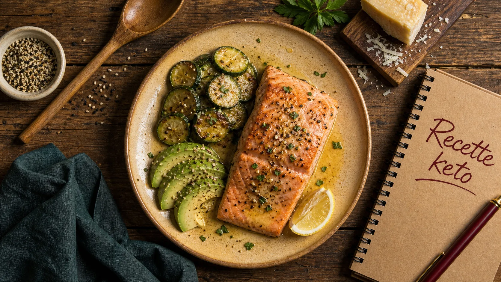 Recette keto moins de 50 g glucides, saumon courgettes avocat