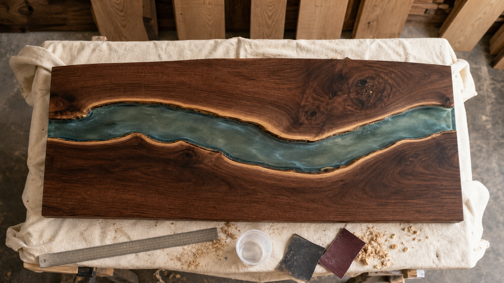 Table en resine époxy avec rivière bleutée sur bois massif