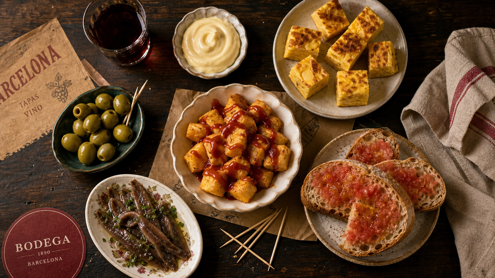 Tapas espagnols : patatas bravas, tortilla et pan con tomate