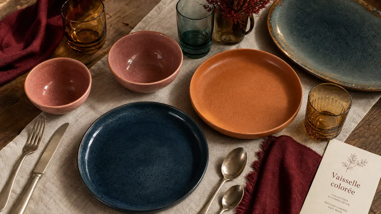 Vaisselle coloré : grès, porcelaine et verre, table colorée