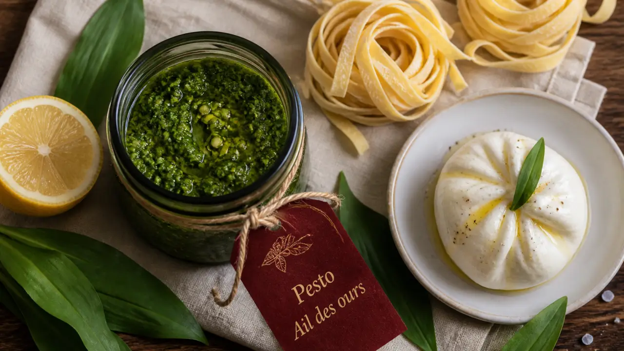 Pesto d’ail des ours en cuisine, sur table en bois
