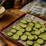 Congeler du concombre : rondelles de concombre sur papier sulfurisé