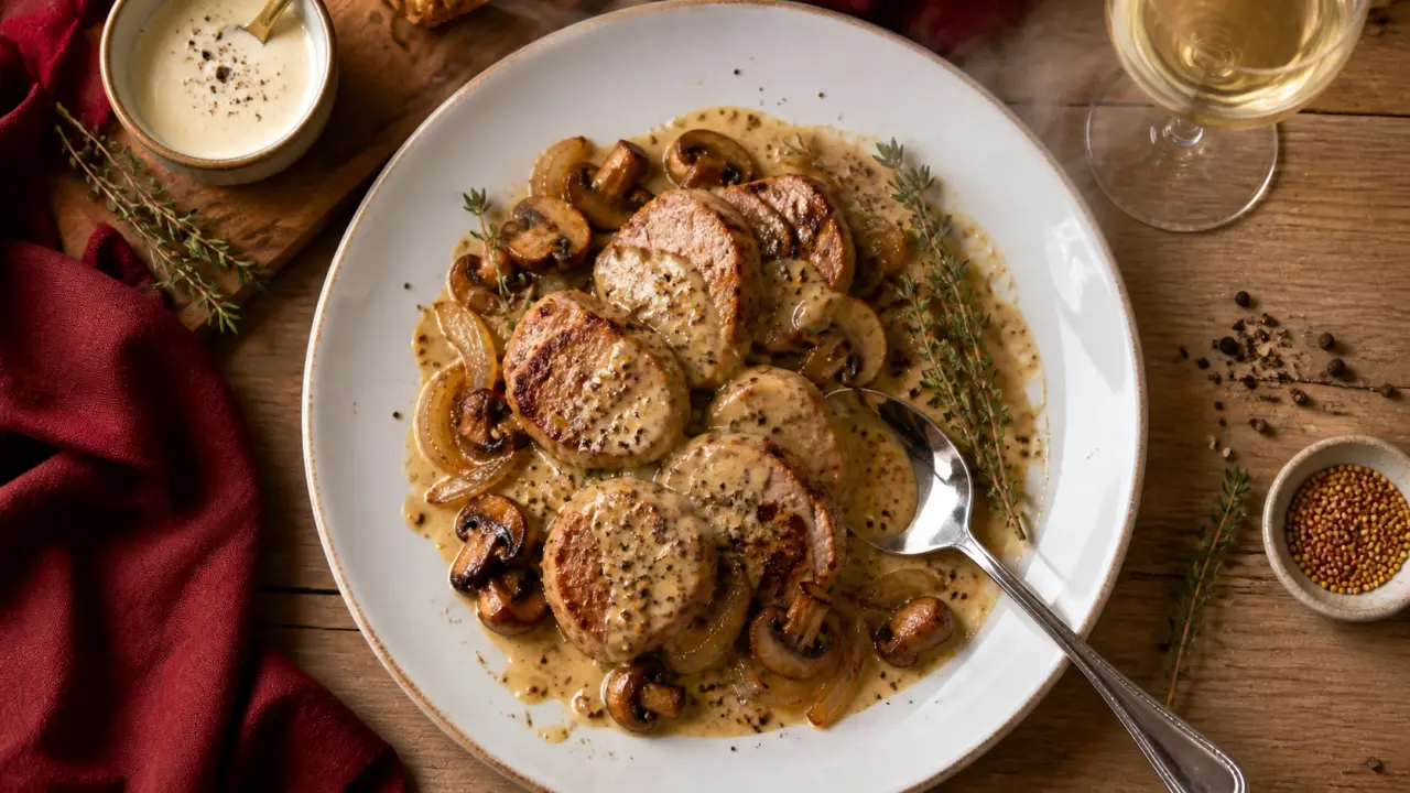 Cuisiner des filets mignons de porc : médaillons dorés, sauce crème-moutarde, champignons et oignons
