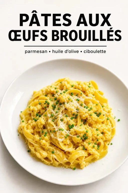 Recette pâtes aux oeuf servie en assiette avec œufs brouillés, parmesan et ciboulette