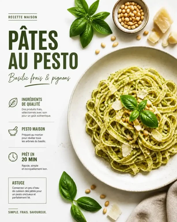 Recette pour pesto basilic maison dans une assiette de pâtes fraîches