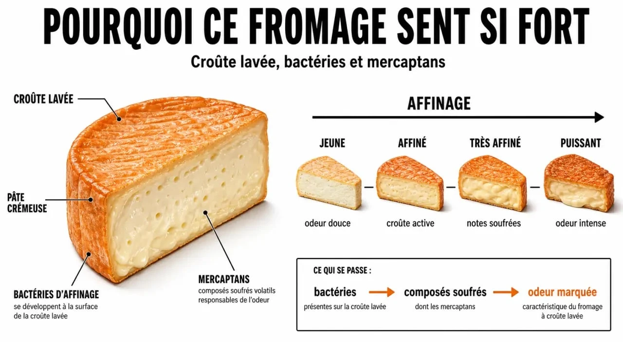 Schéma du fromage qui pue montrant l’affinage, la croûte lavée et l’intensité des odeurs