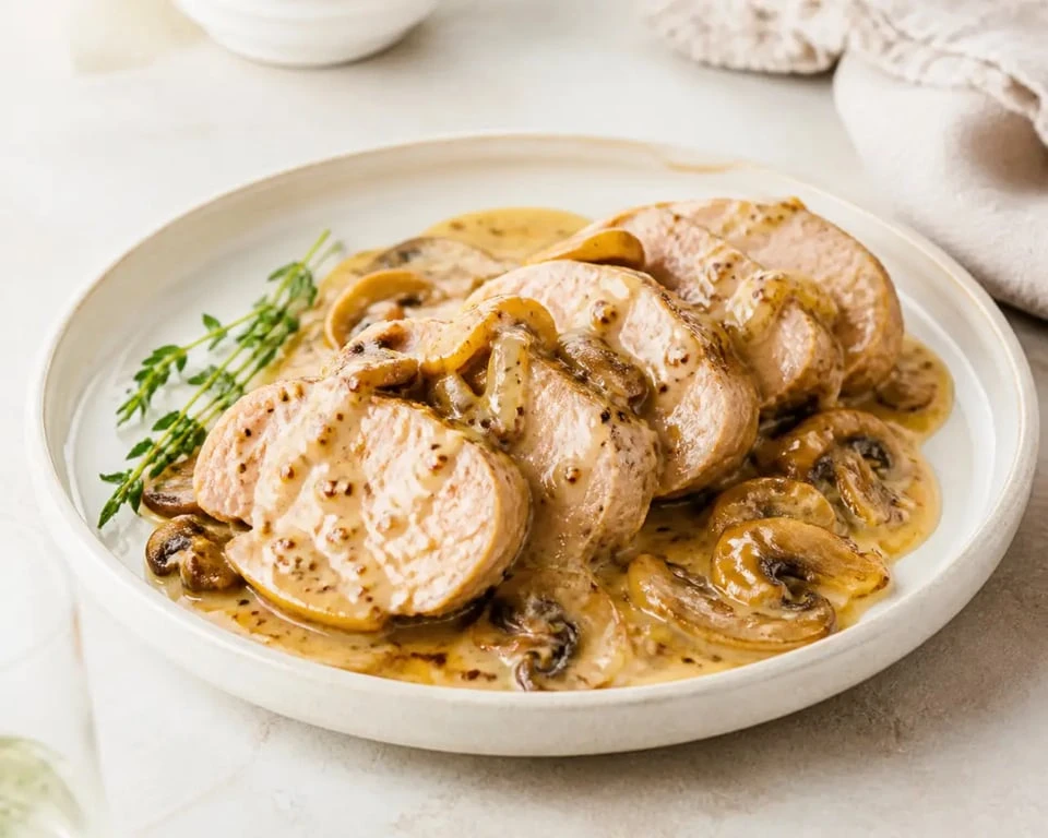 Recette filet mignon de porc dressée en médaillons avec sauce crème-moutarde et champignons sur assiette blanche