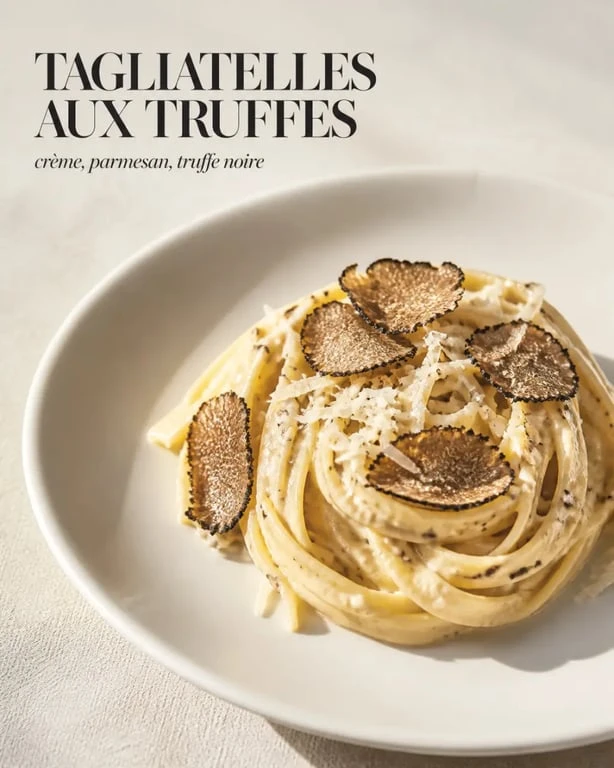 Recette pates au truffes servie en assiette chaude avec copeaux de truffe noire