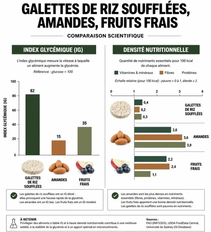 Infographie comparative de l'index glycémique et des bienfaits nutritionnels des galettes de riz soufflé par rapport à d'autres encas