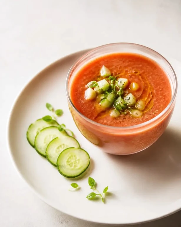 Recette gaspacho tomate concombre servi très frais dans un bol élégant avec garniture légère