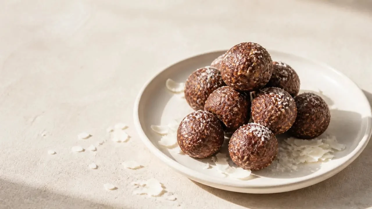 Energy balls cacao-coco maison, recette d'energy balls sur une assiette claire avec enrobage à la noix de coco