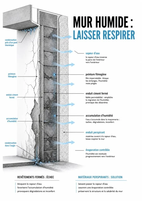 Comment faire respirer un mur humide : schéma d’un mur qui évacue la vapeur d’eau